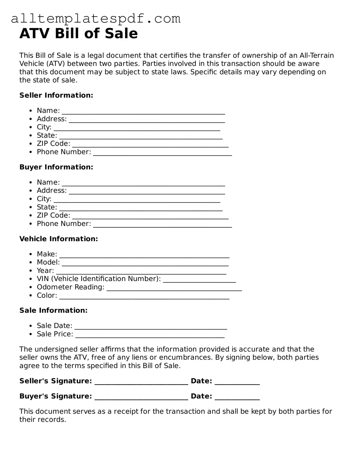Attorney-Approved ATV Bill of Sale Template