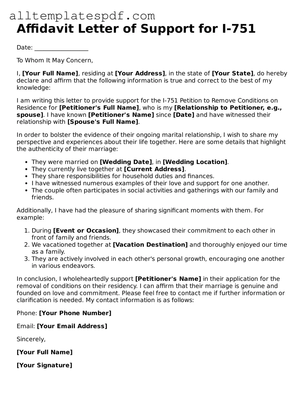 Attorney-Approved Affidavit Letter of Support for I-751 Template
