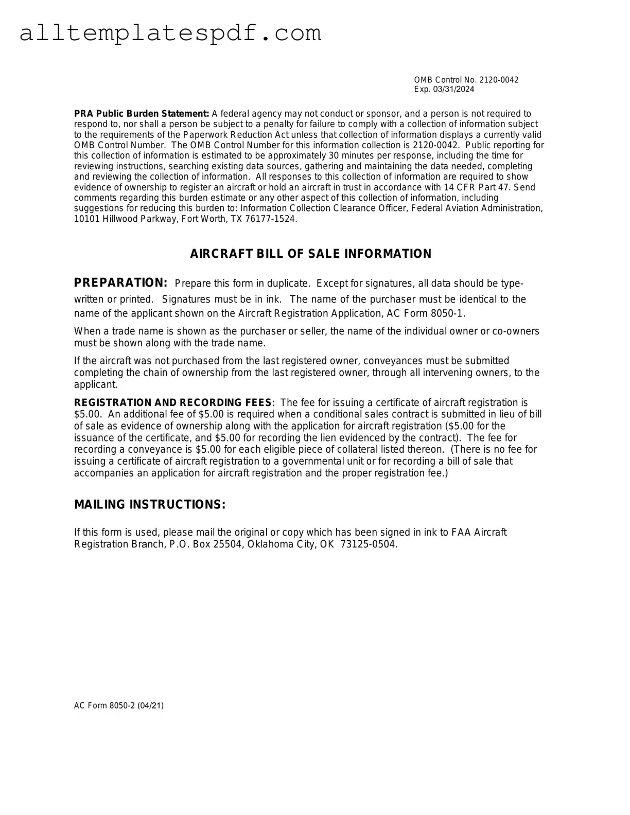 Fill Out a Valid Aircraft Bill of Sale AC 8050-2 Form