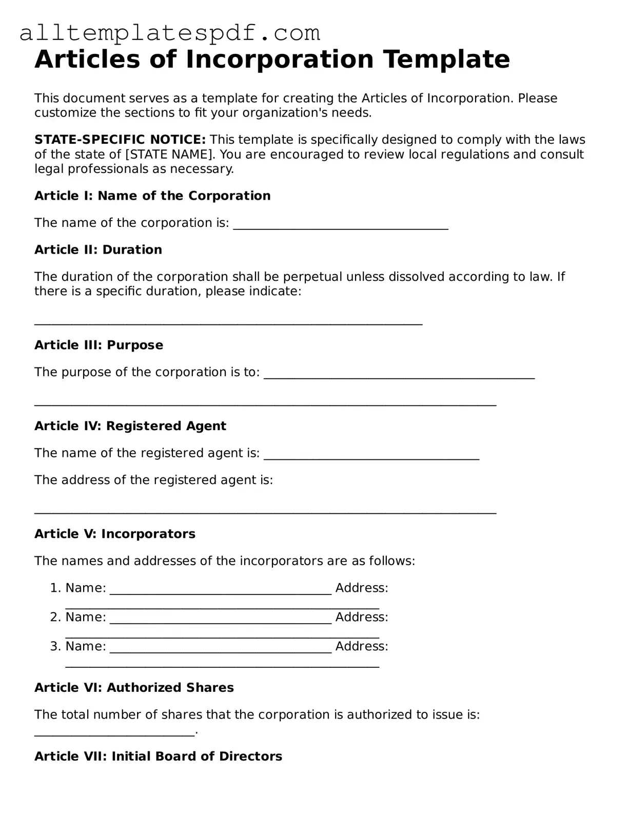 Attorney-Approved Articles of Incorporation Template