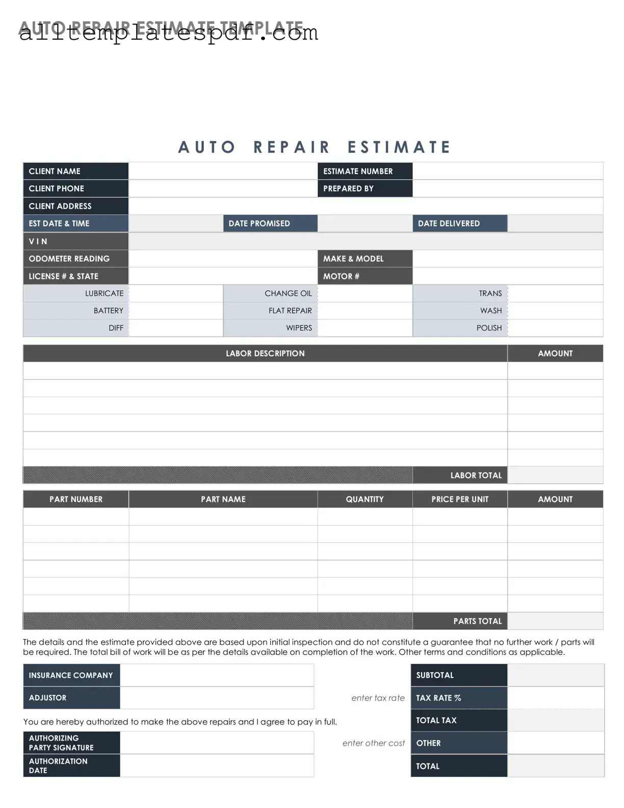 Fill Out a Valid Auto Repair Estimate Form