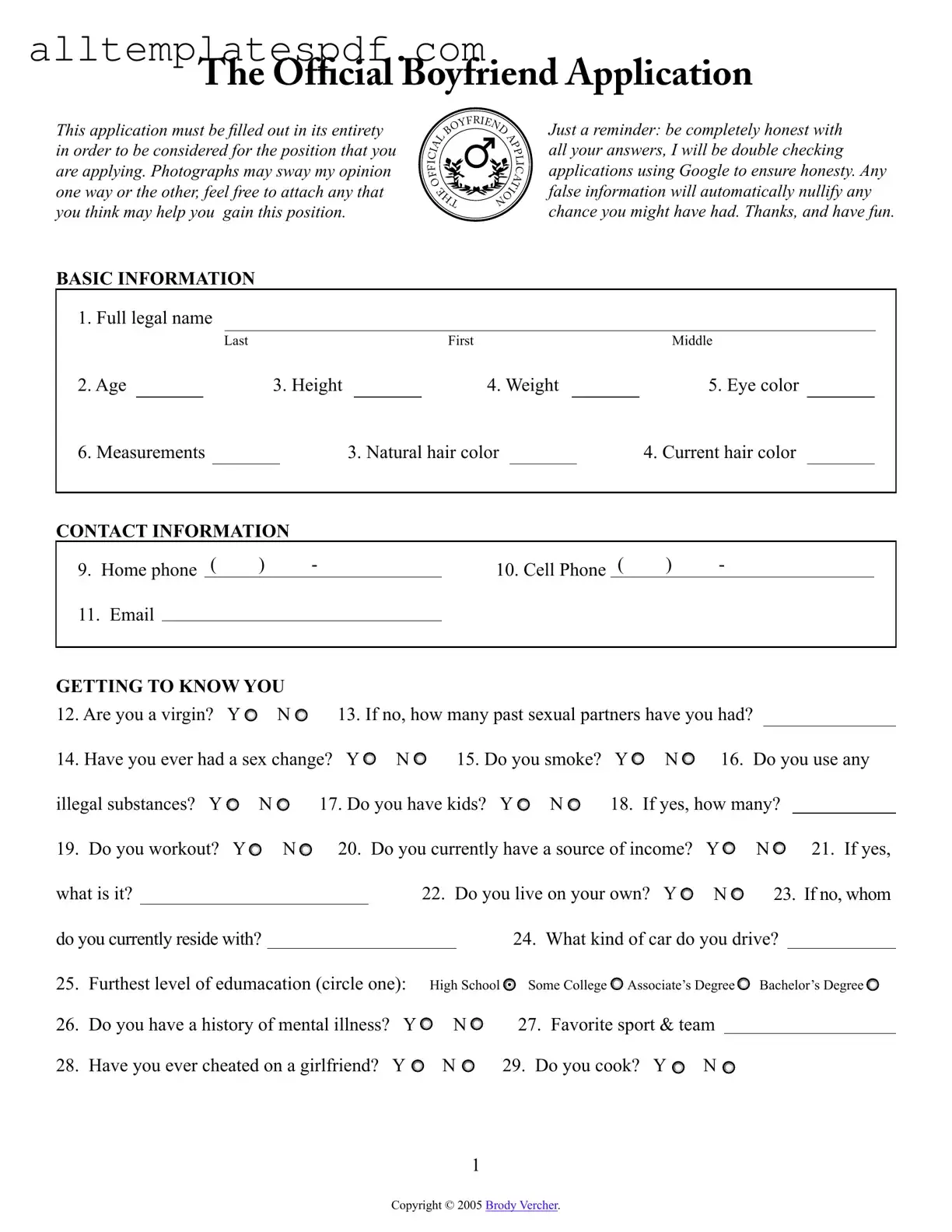 Fill Out a Valid Boyfriend application form Form