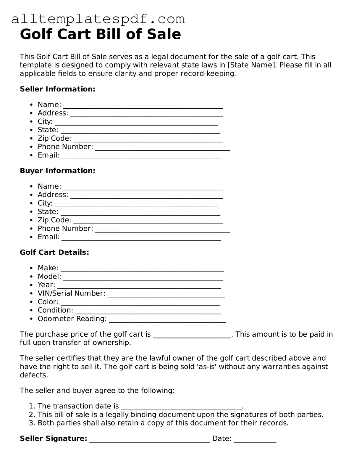 Attorney-Approved Golf Cart Bill of Sale Template