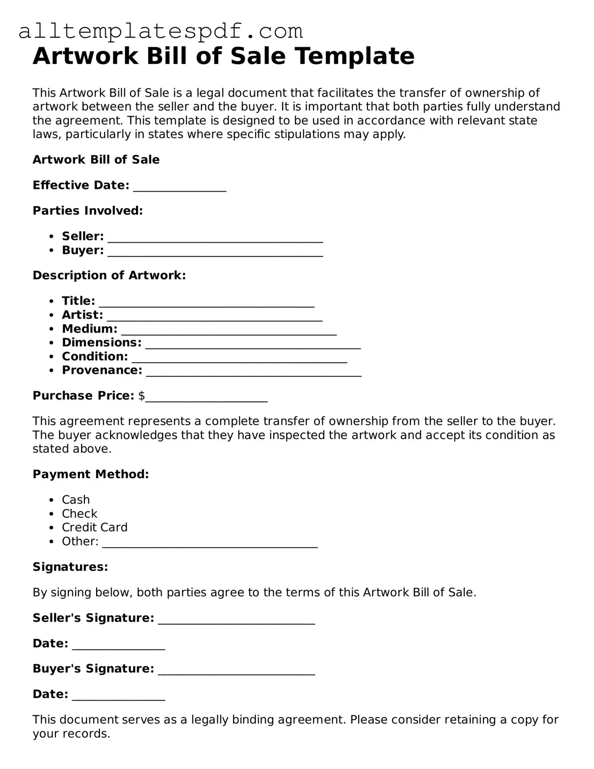 Attorney-Approved Artwork Bill of Sale Template