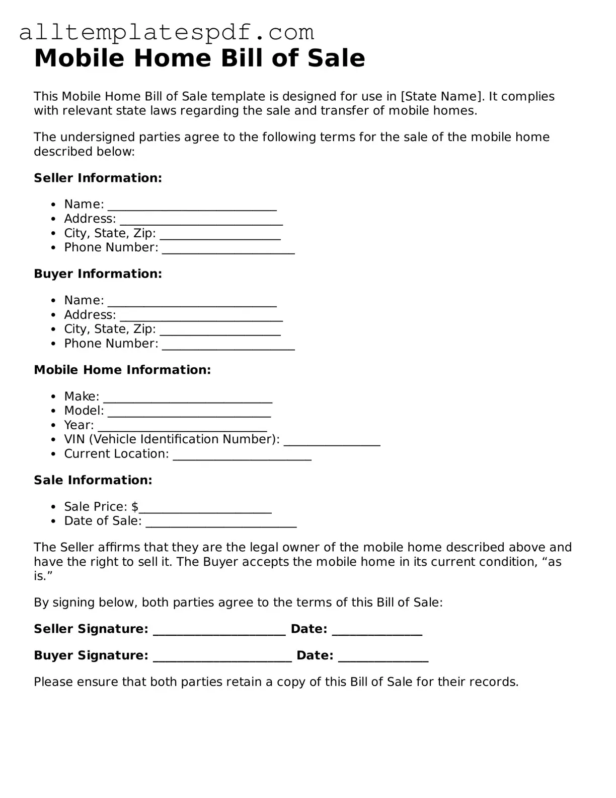 Attorney-Approved Mobile Home Bill of Sale Template
