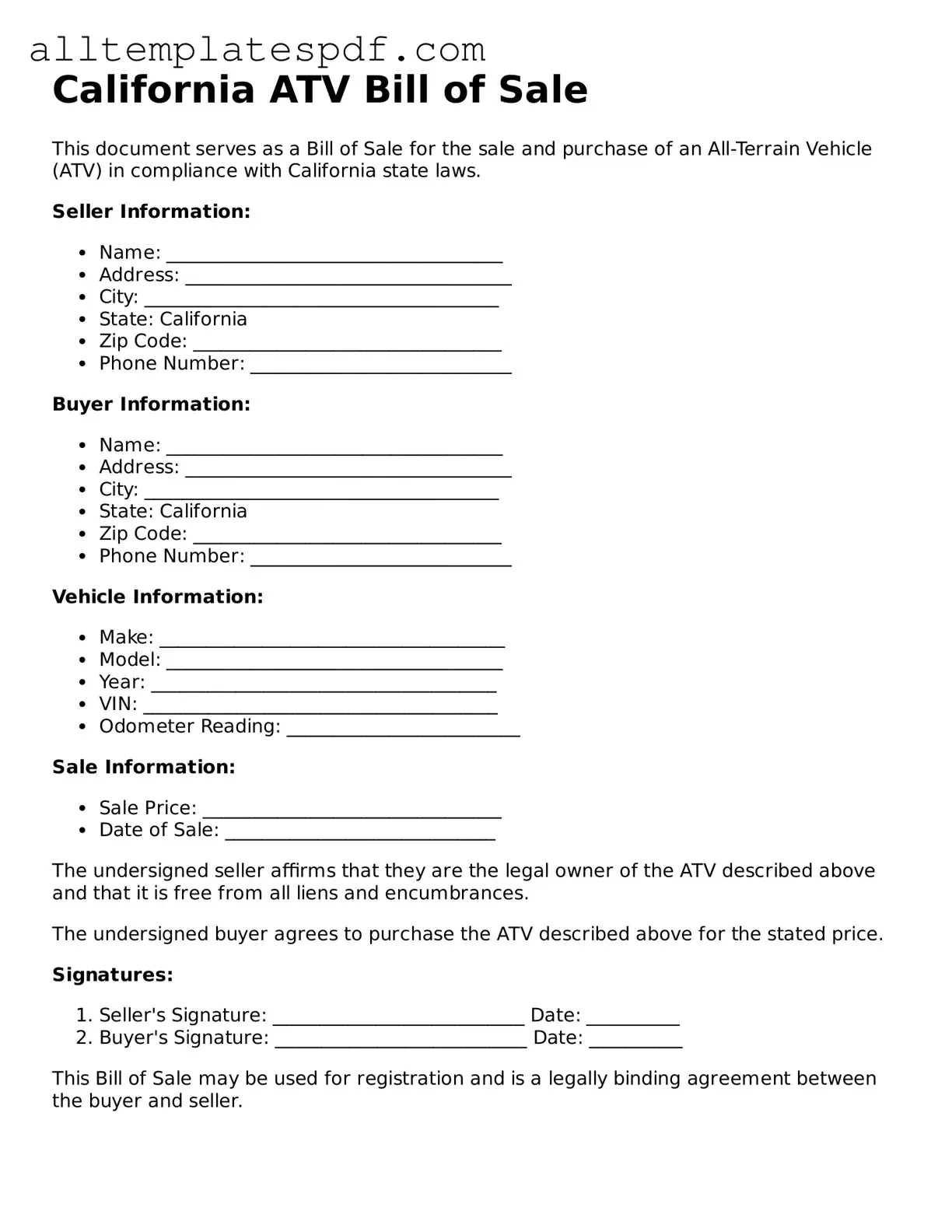 Blank ATV Bill of Sale Template for the State of California