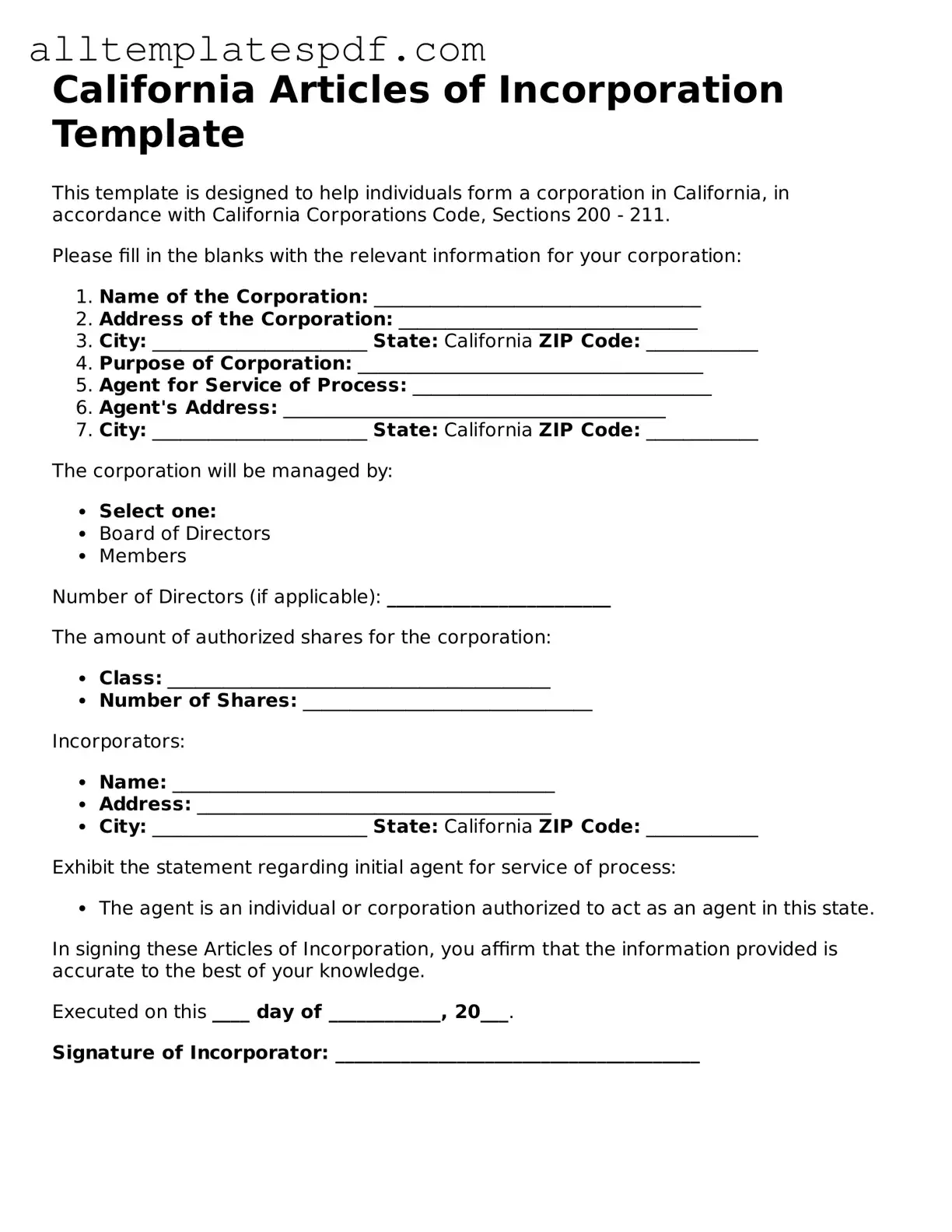 Blank Articles of Incorporation Template for the State of California