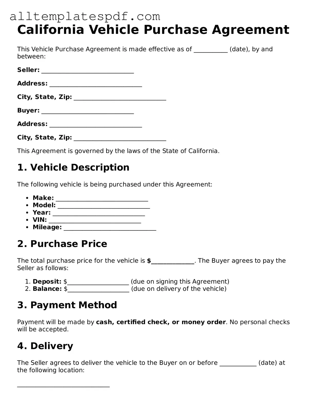 Blank Vehicle Purchase Agreement Template for the State of California