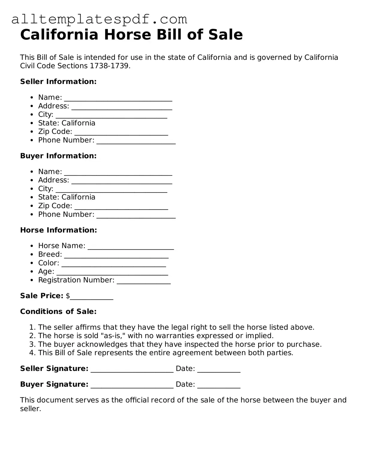 Blank Horse Bill of Sale Template for the State of California