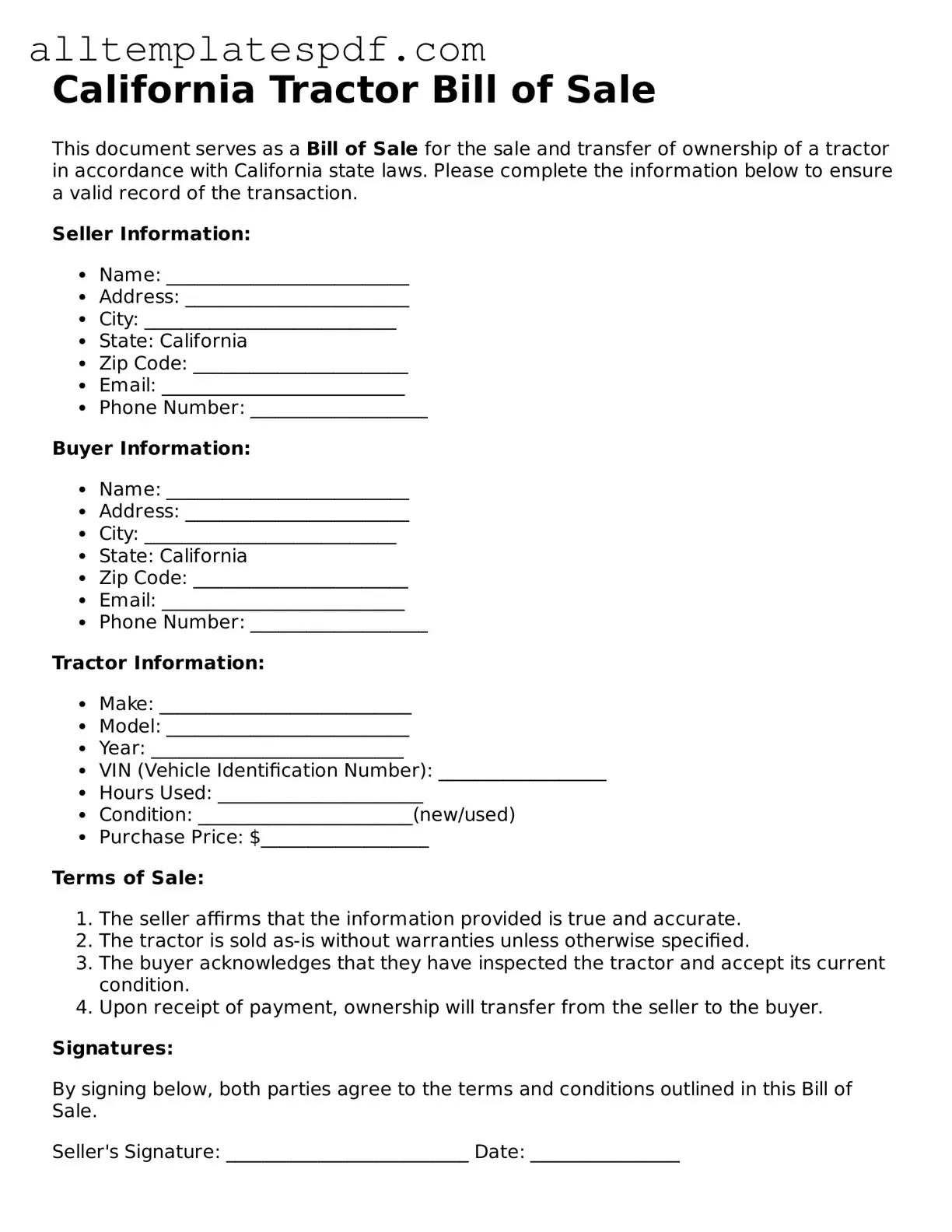 Blank Tractor Bill of Sale Template for the State of California