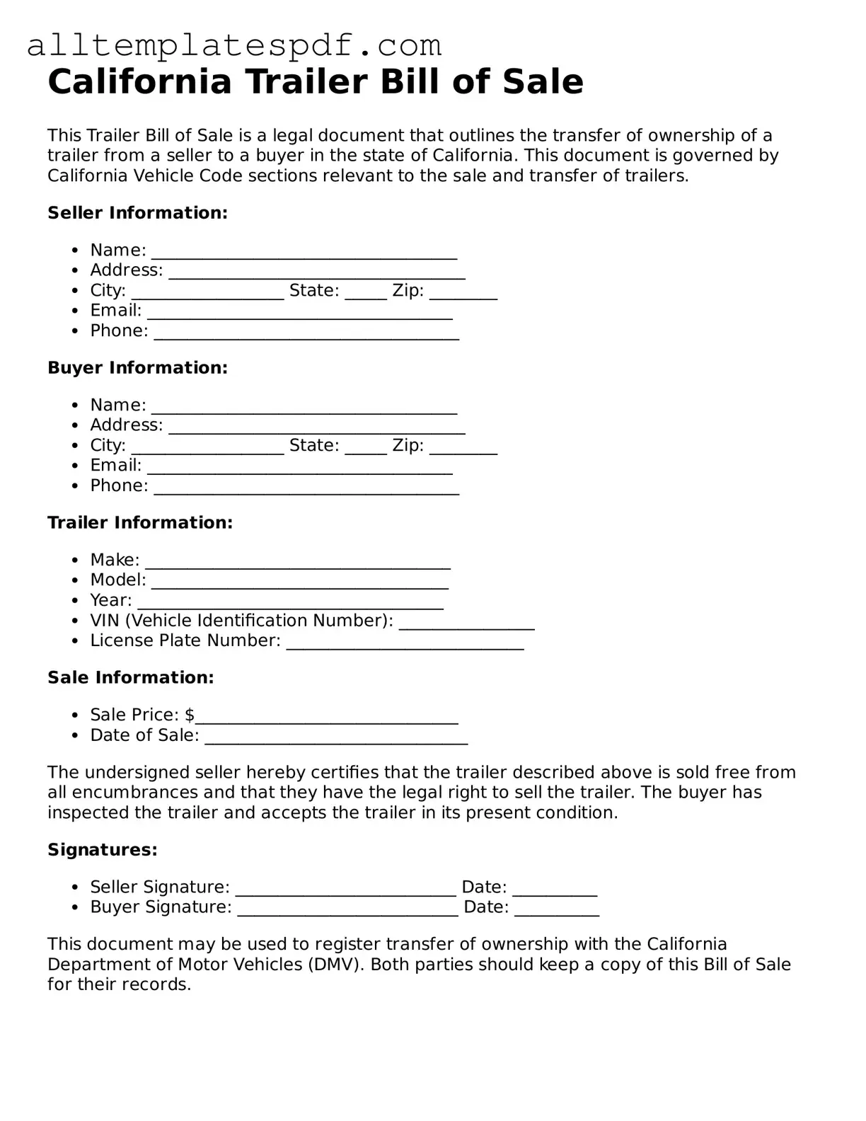 Blank Trailer Bill of Sale Template for the State of California