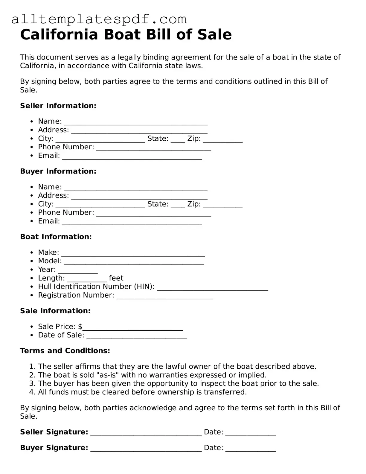 Blank Boat Bill of Sale Template for the State of California