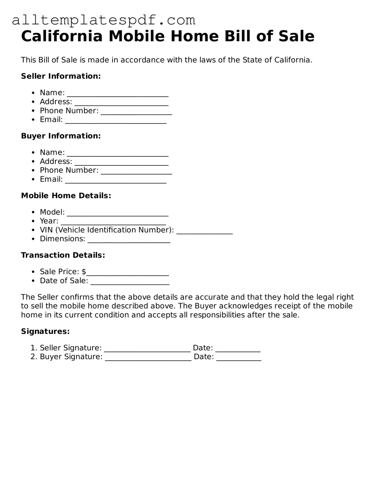 Blank Mobile Home Bill of Sale Template for the State of California