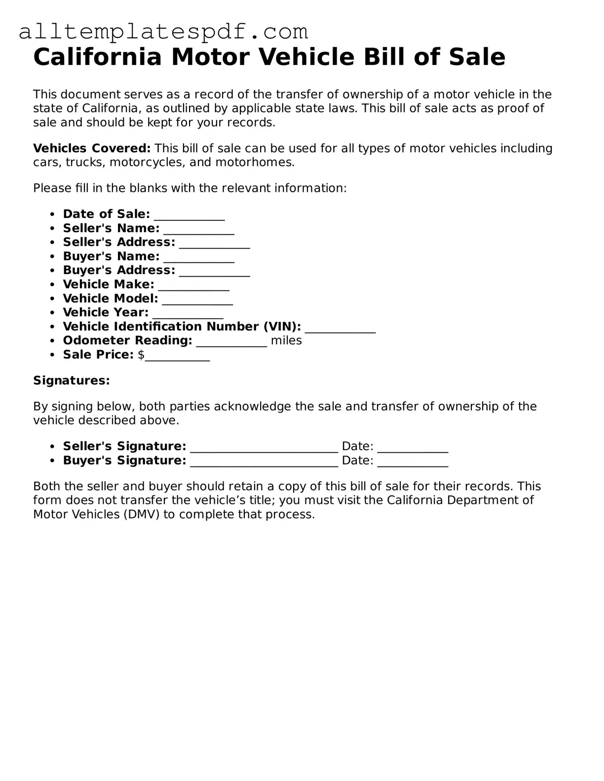 Blank Motor Vehicle Bill of Sale Template for the State of California