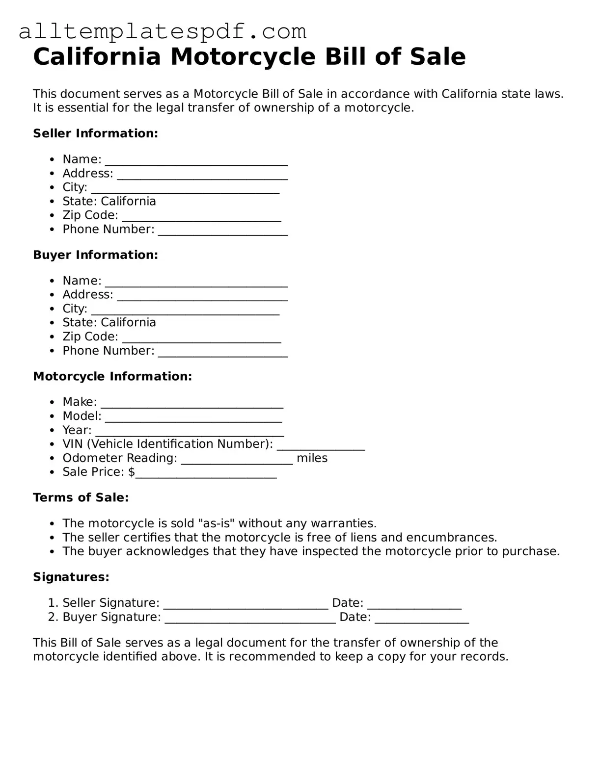 Blank Motorcycle Bill of Sale Template for the State of California