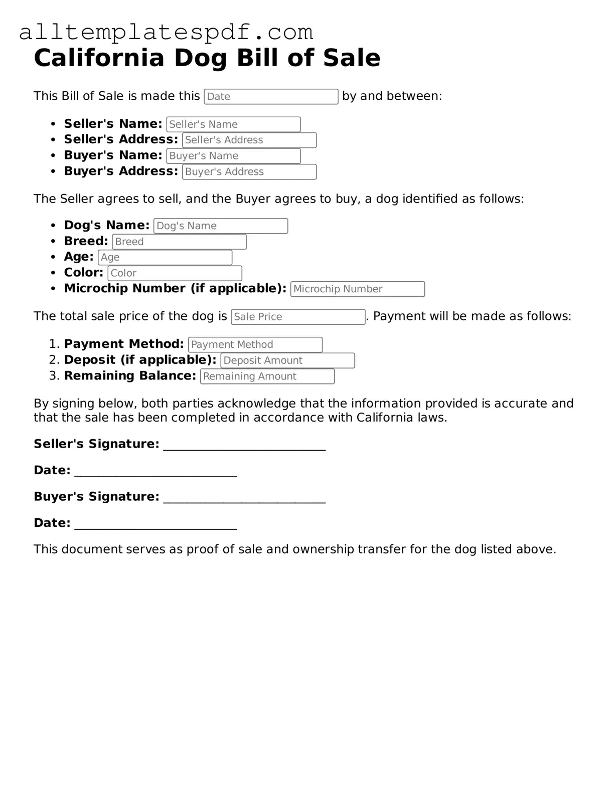 Blank Dog Bill of Sale Template for the State of California