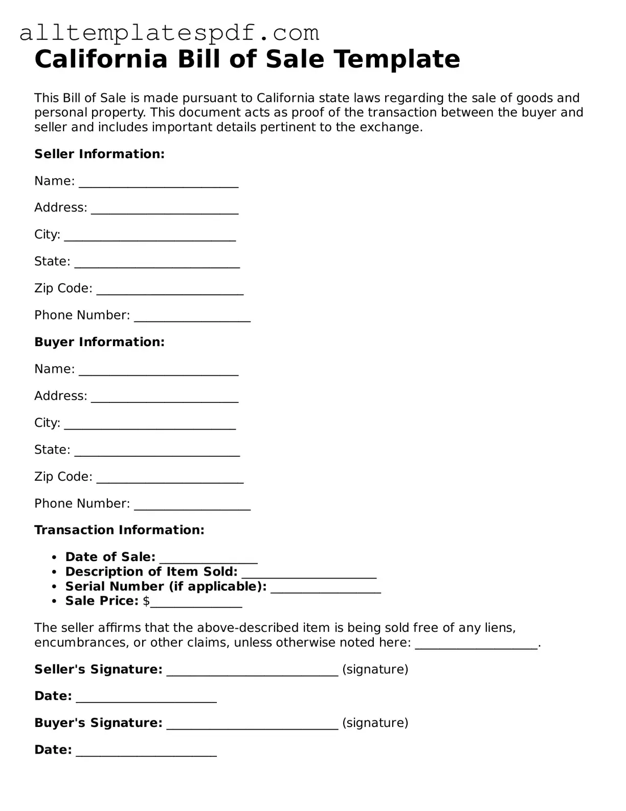 Blank Bill of Sale Template for the State of California