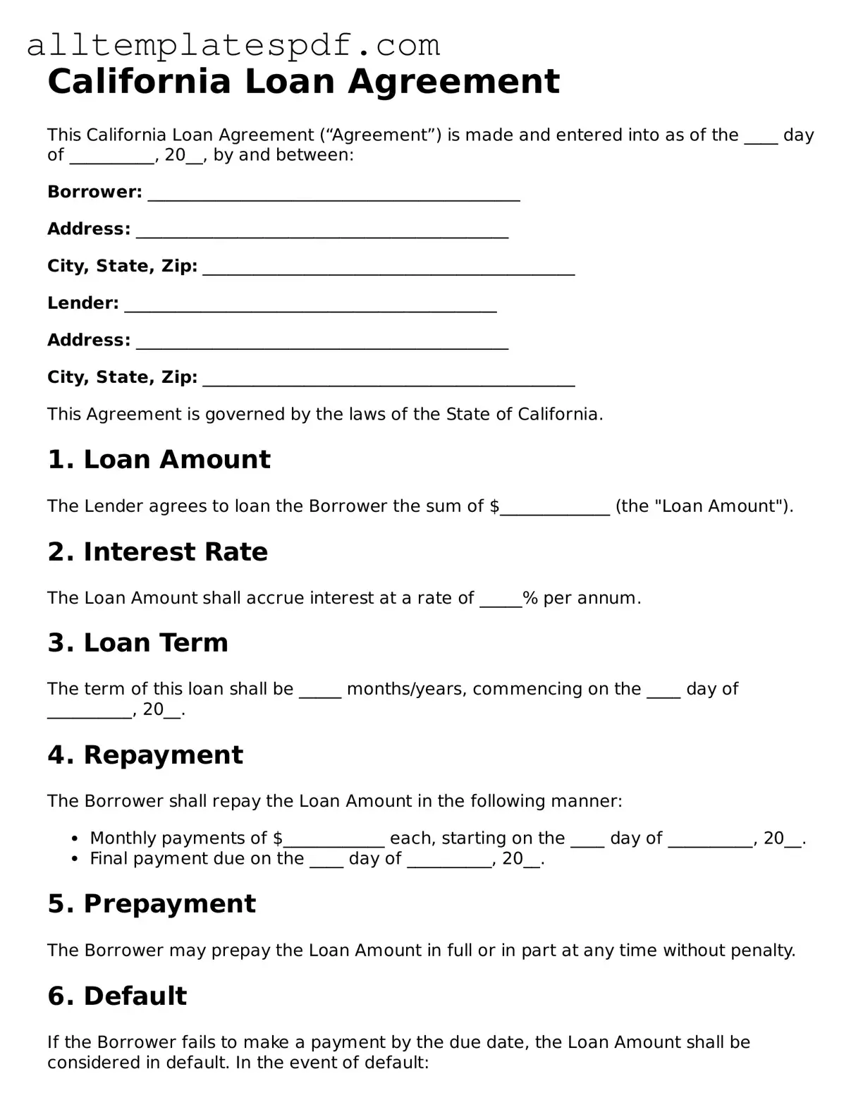 Blank Loan Agreement Template for the State of California