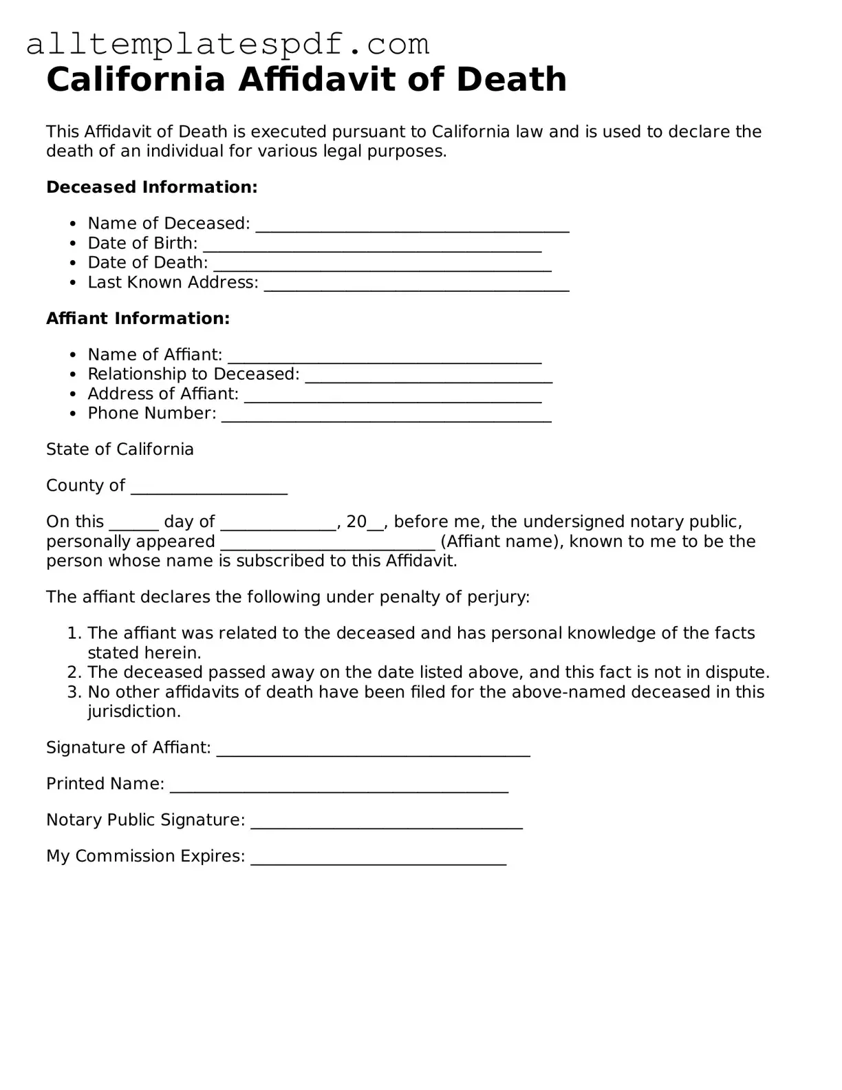 Blank Affidavit of Death Template for the State of California