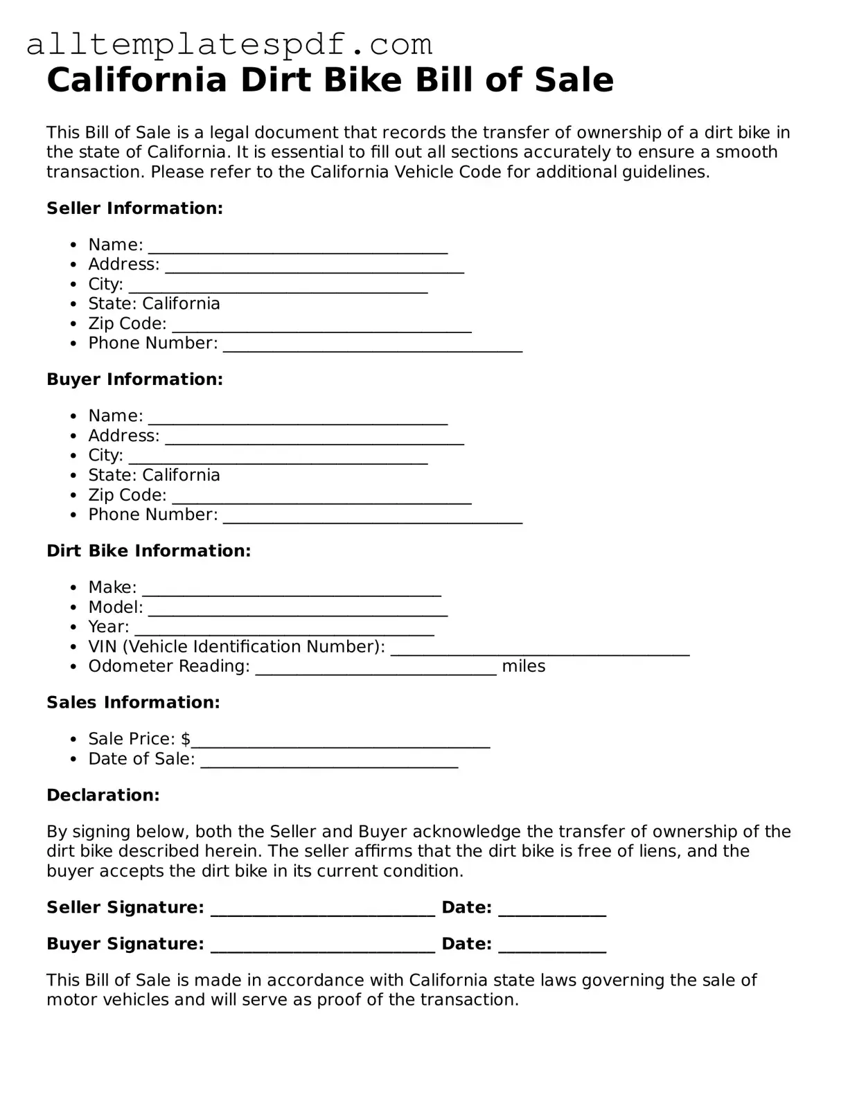 Blank Dirt Bike Bill of Sale Template for the State of California