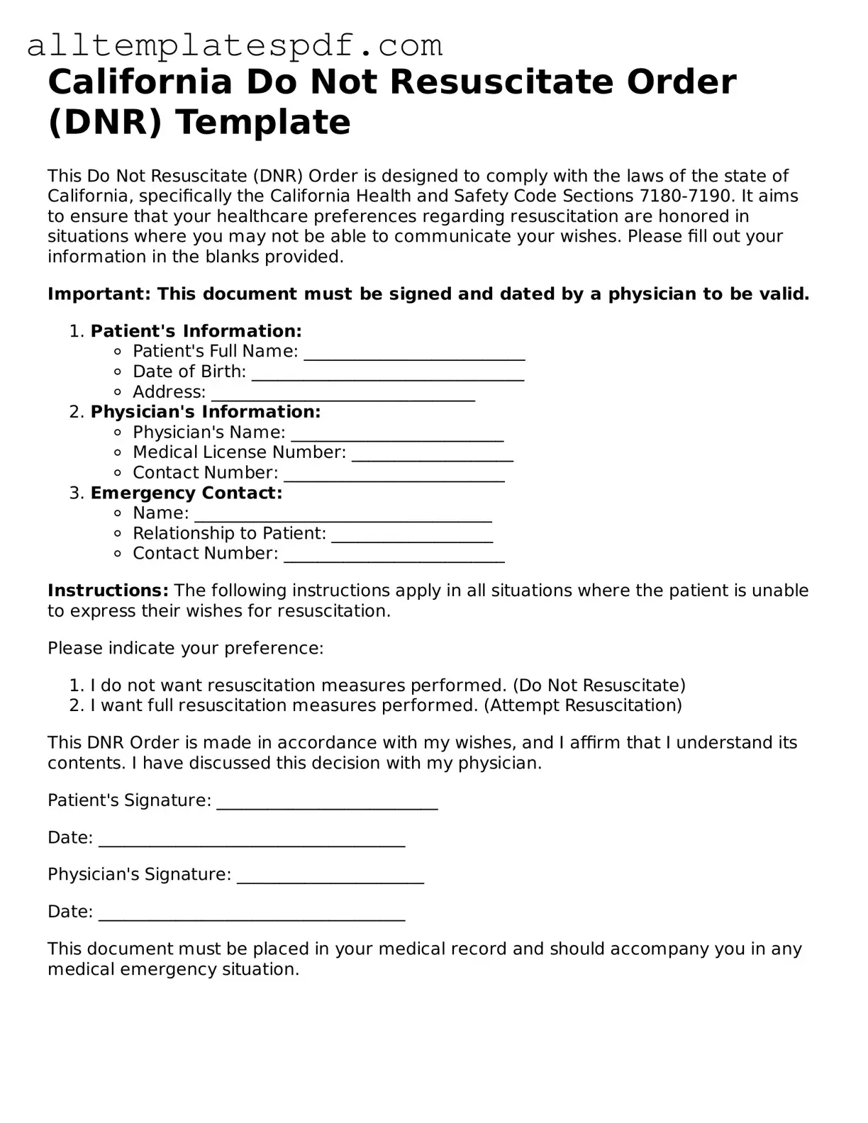 Blank Do Not Resuscitate Order Template for the State of California