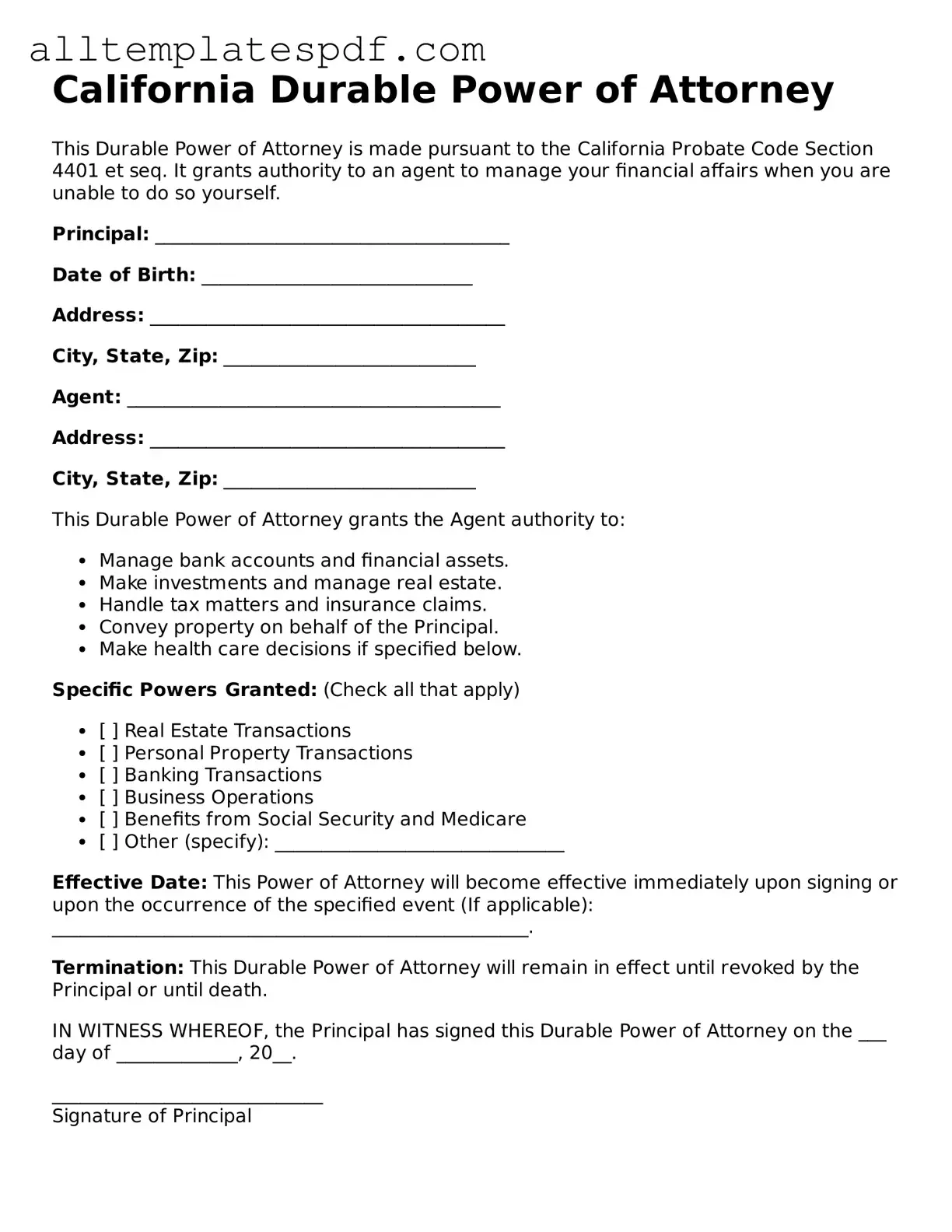 Blank Durable Power of Attorney Template for the State of California