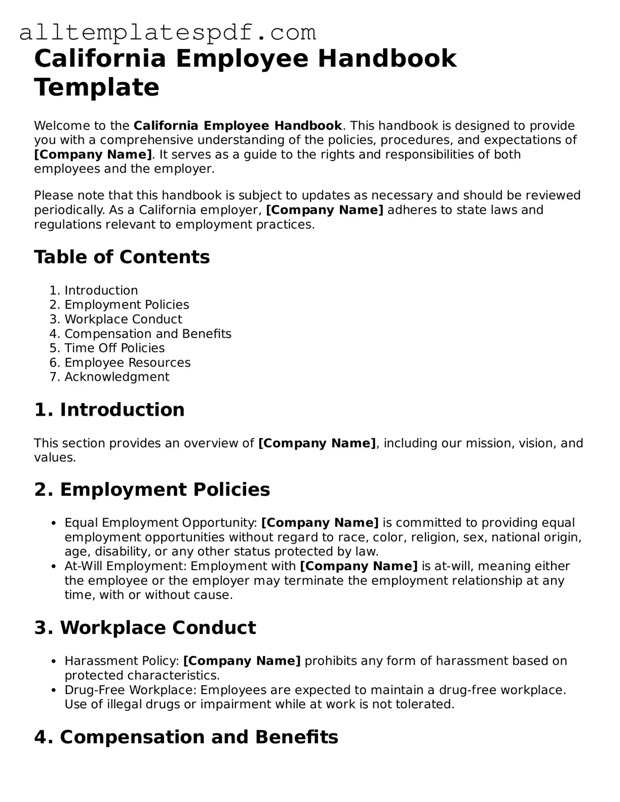 Blank Employee Handbook Template for the State of California