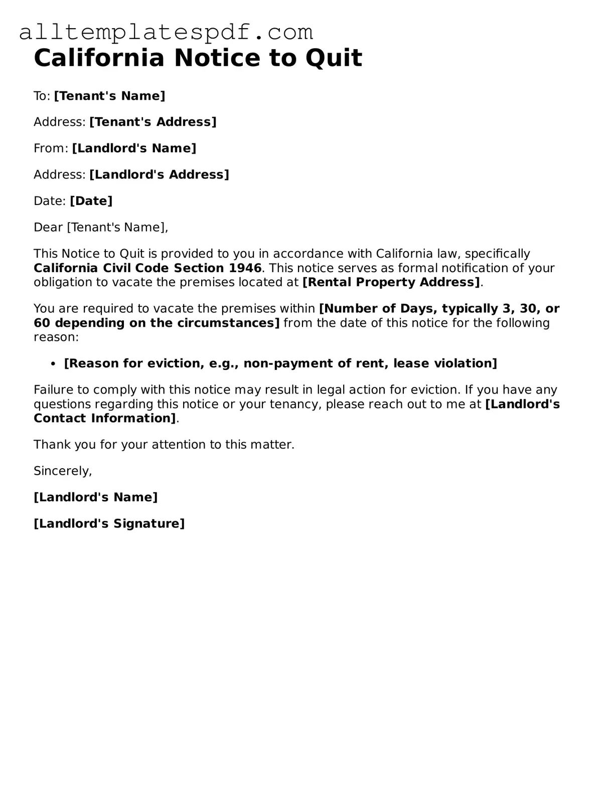 Blank Notice to Quit Template for the State of California