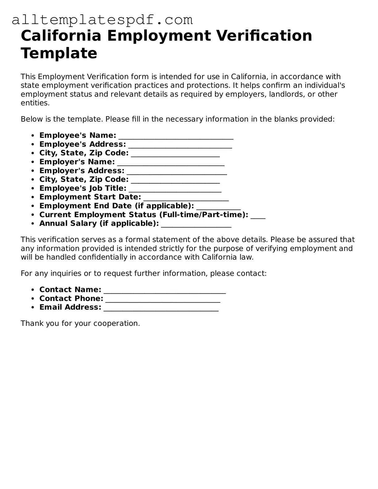 Blank Employment Verification Template for the State of California
