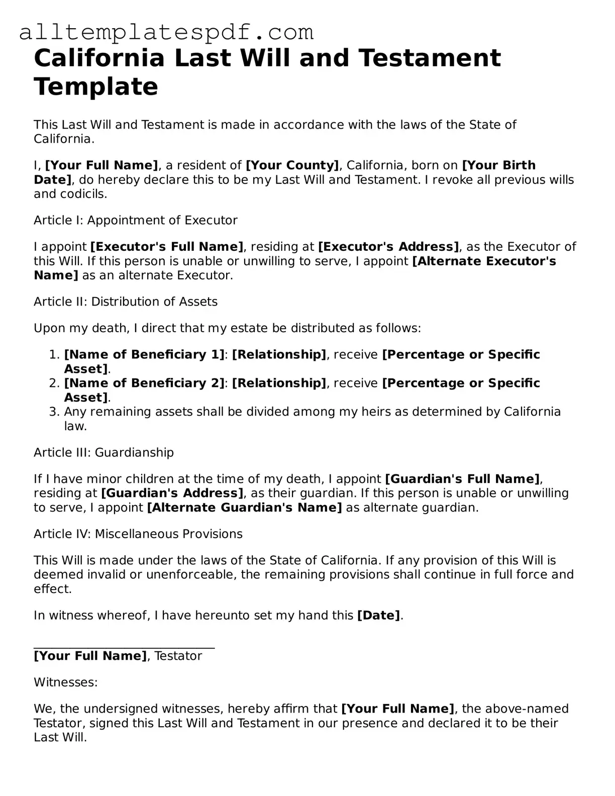 Blank Last Will and Testament Template for the State of California