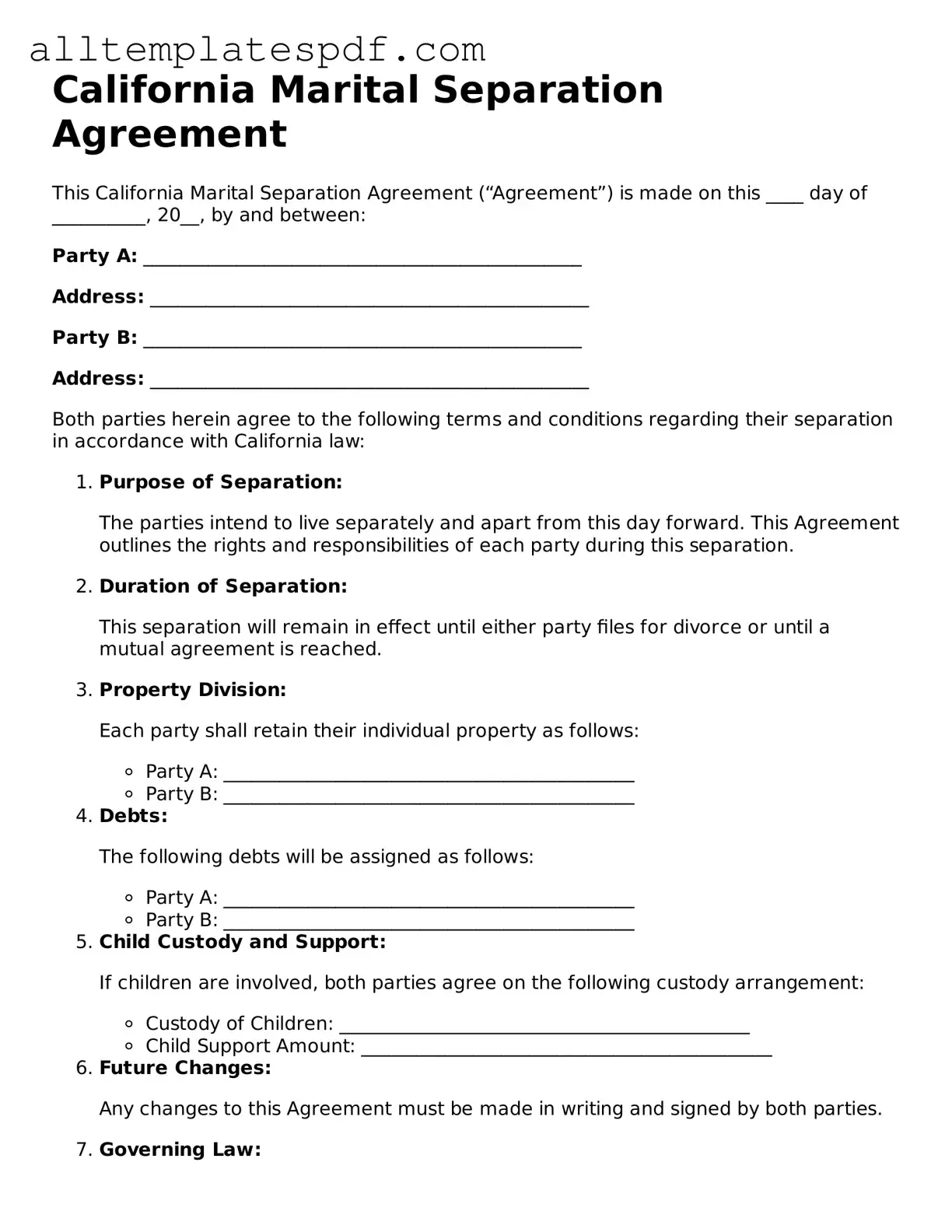 Blank Marital Separation Agreement Template for the State of California