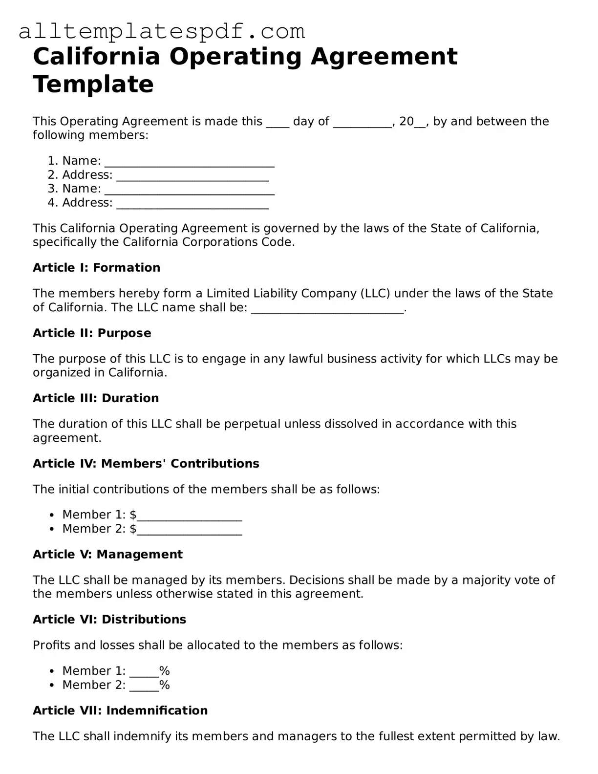 Blank Operating Agreement Template for the State of California