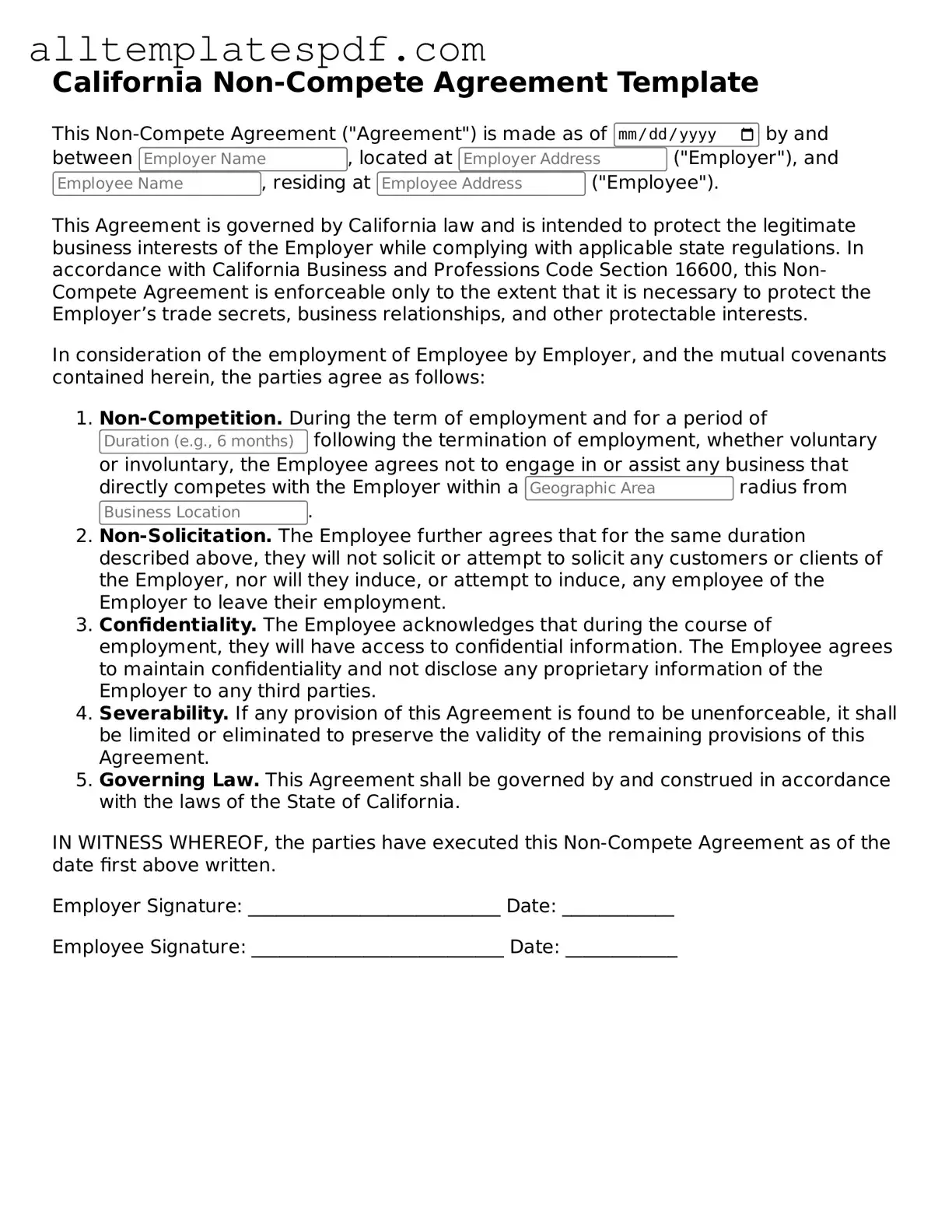Blank Non-compete Agreement Template for the State of California