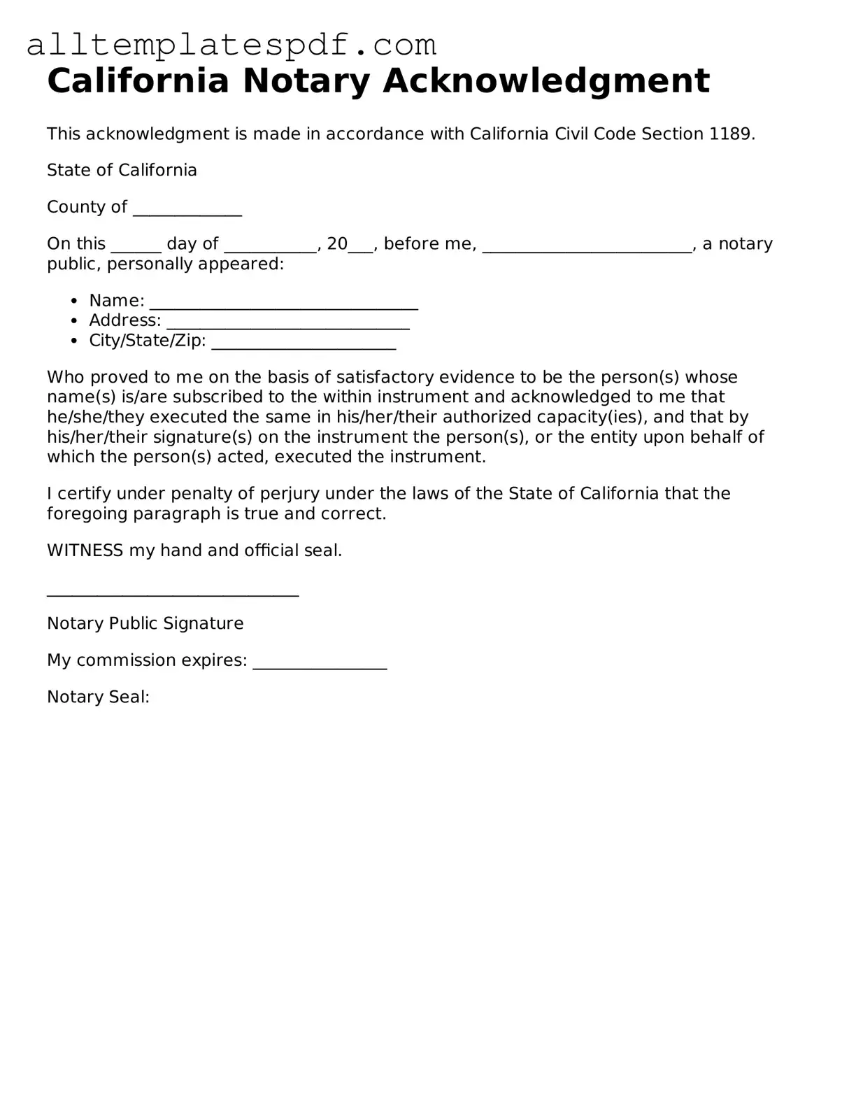 Blank Notary Acknowledgement Template for the State of California