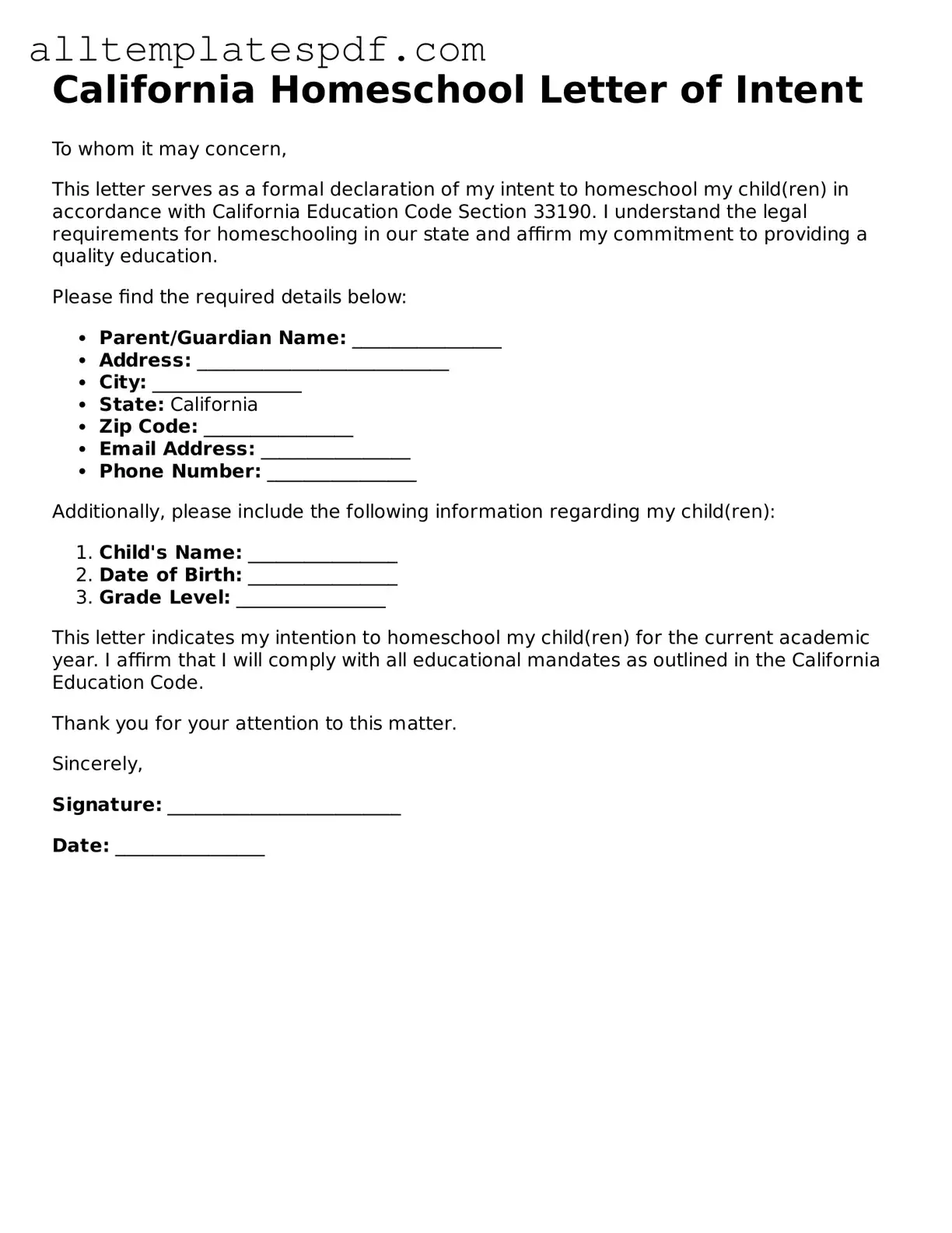 Blank Homeschool Letter of Intent Template for the State of California