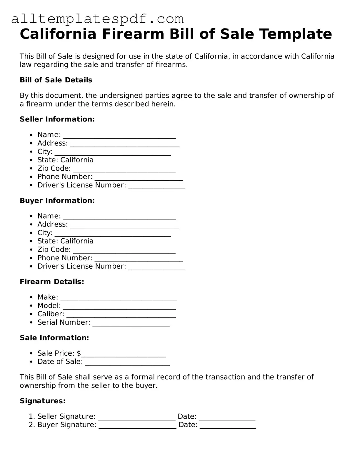 Blank Firearm Bill of Sale Template for the State of California