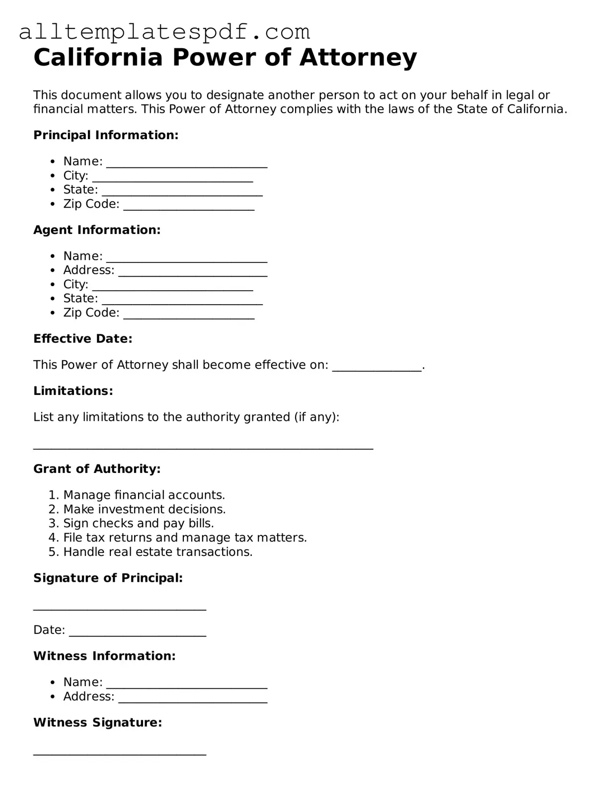 Blank Power of Attorney Template for the State of California