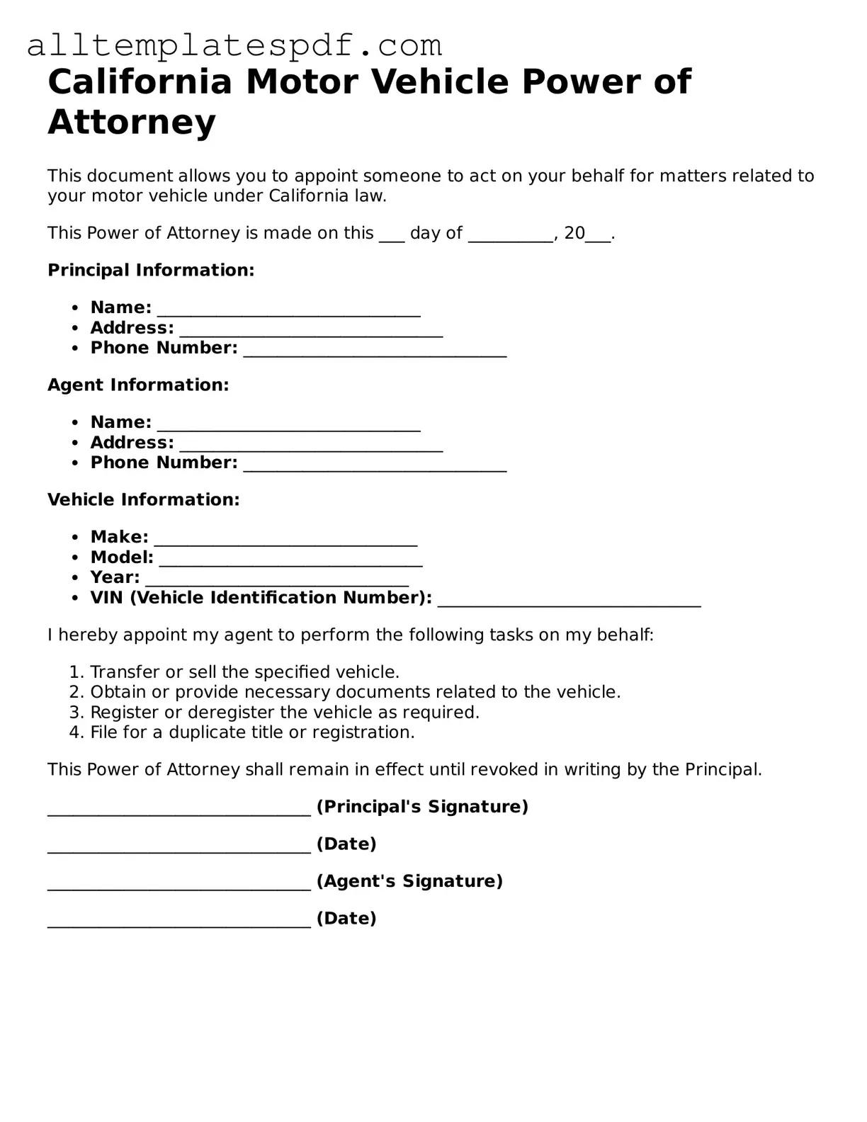 Blank Motor Vehicle Power of Attorney Template for the State of California