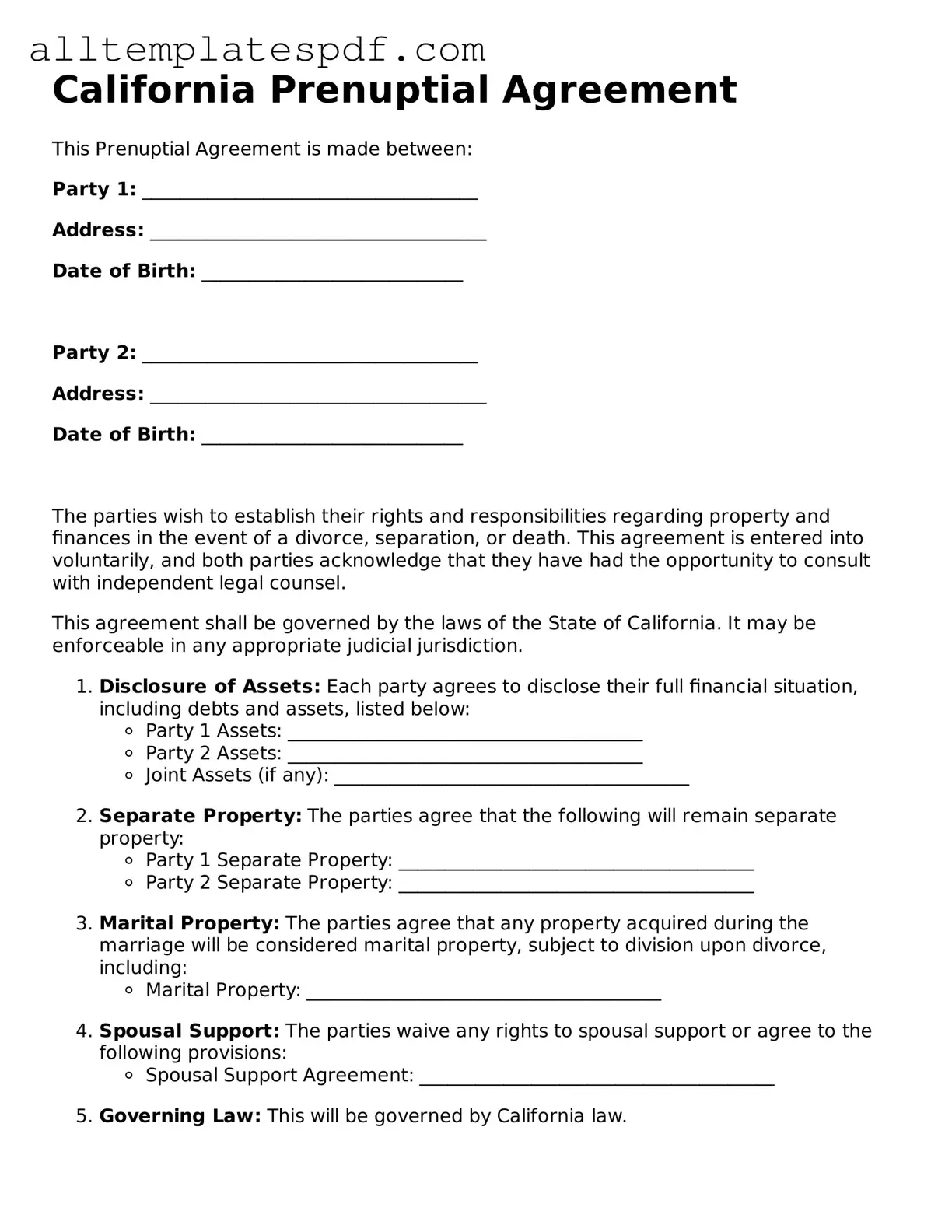 Blank Prenuptial Agreement Template for the State of California