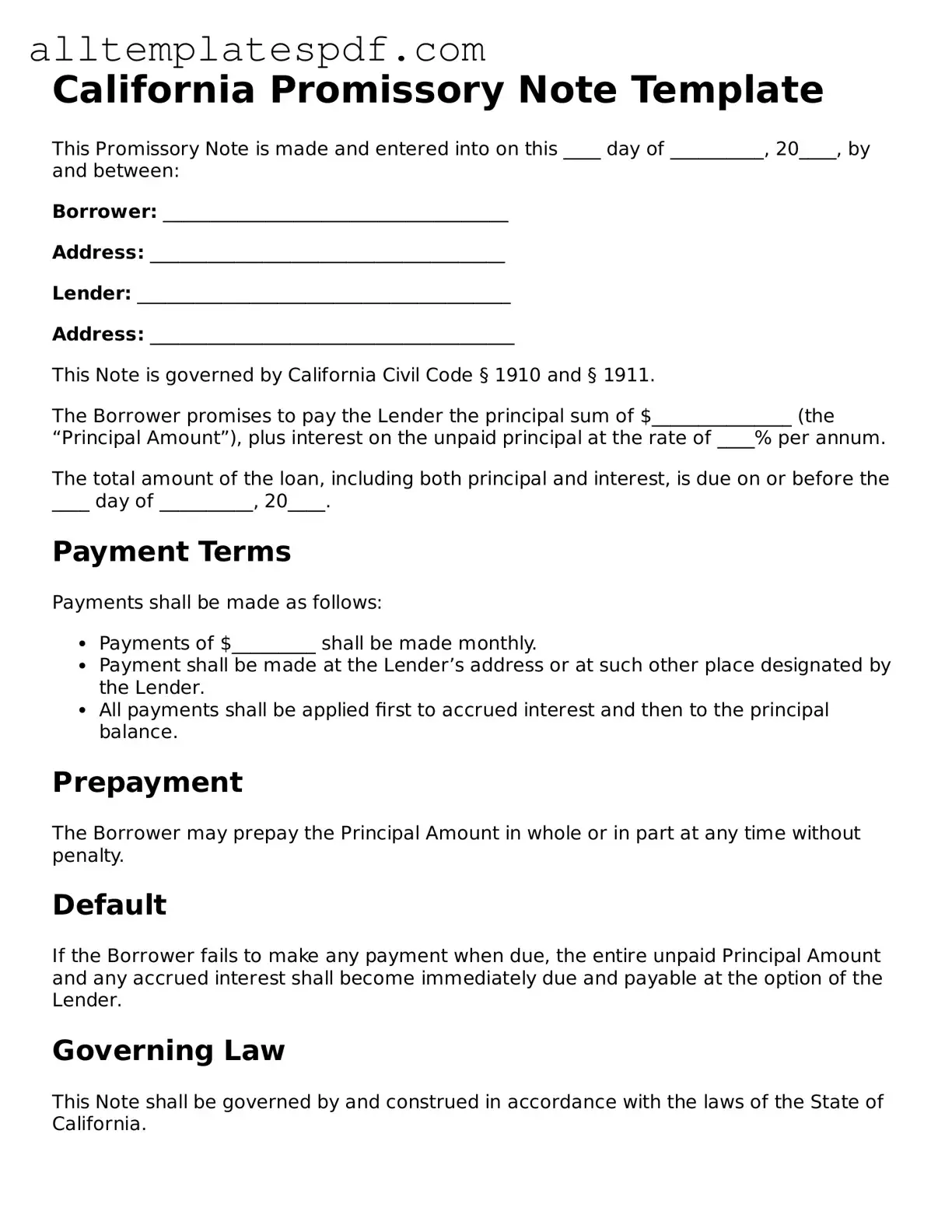 Blank Promissory Note Template for the State of California