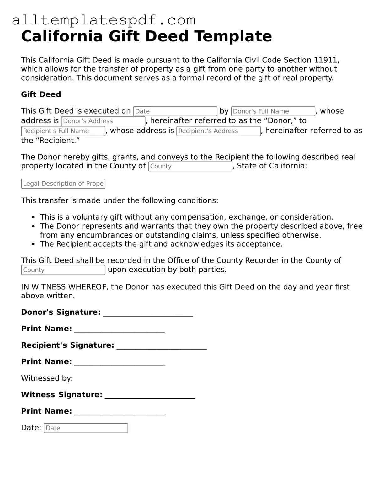 Blank Gift Deed Template for the State of California
