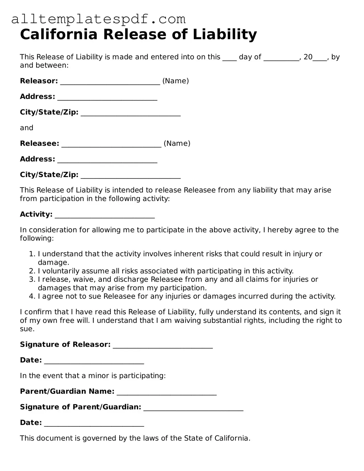 Blank Release of Liability Template for the State of California