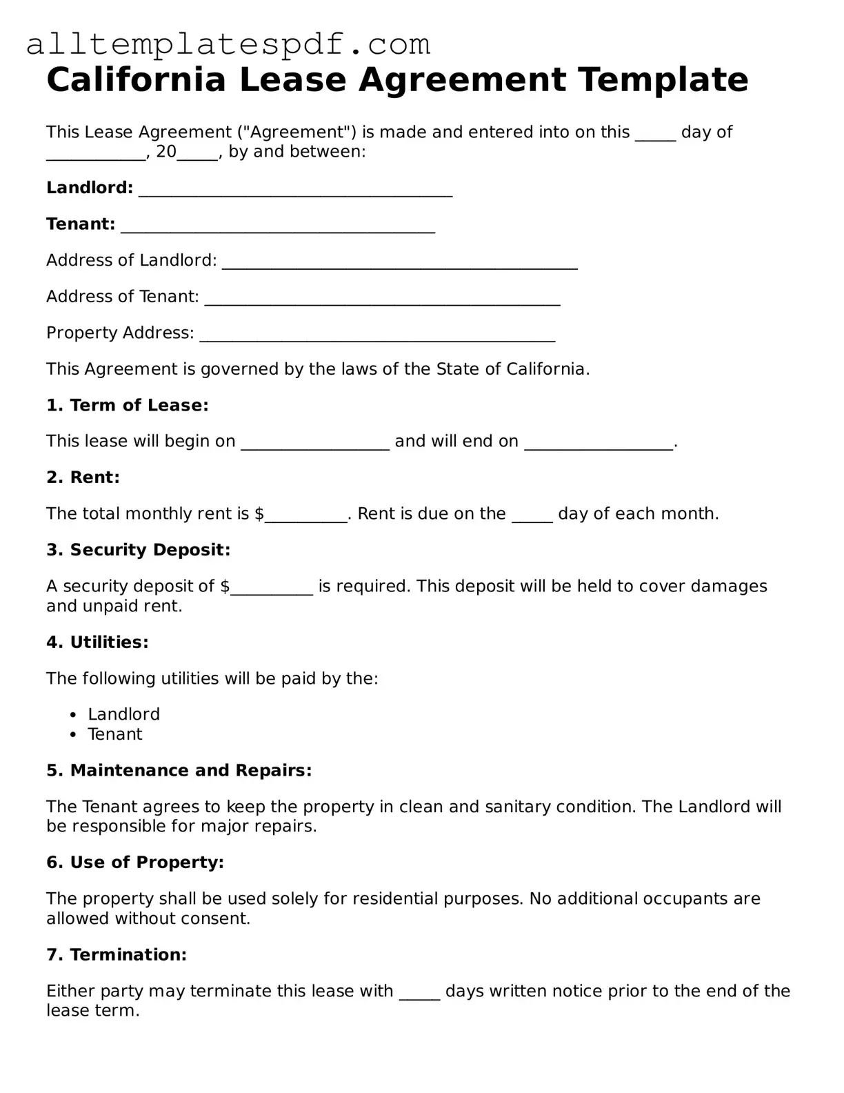 Blank Lease Agreement Template for the State of California