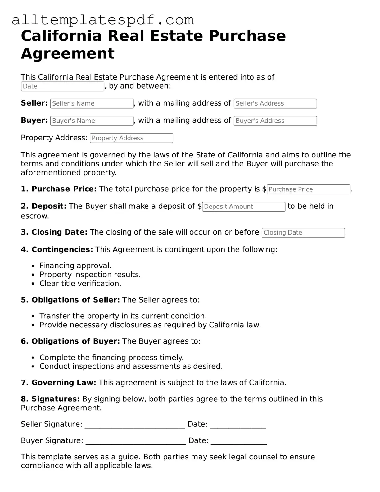 Blank Real Estate Purchase Agreement Template for the State of California