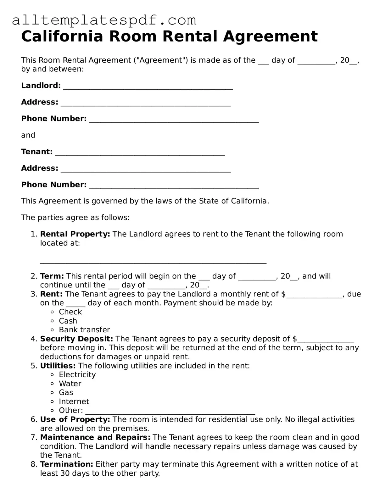 Blank Room Rental Agreement Template for the State of California