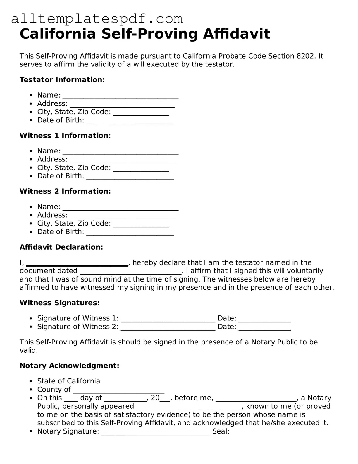 Blank Self-Proving Affidavit Template for the State of California