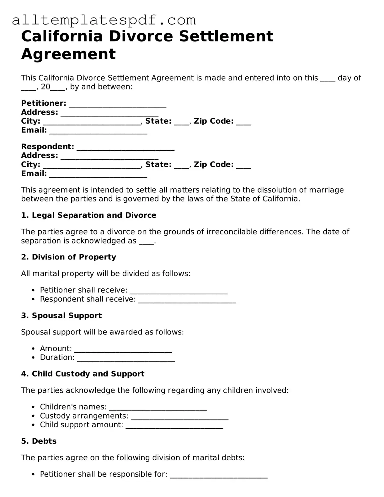 Blank Divorce Settlement Agreement Template for the State of California