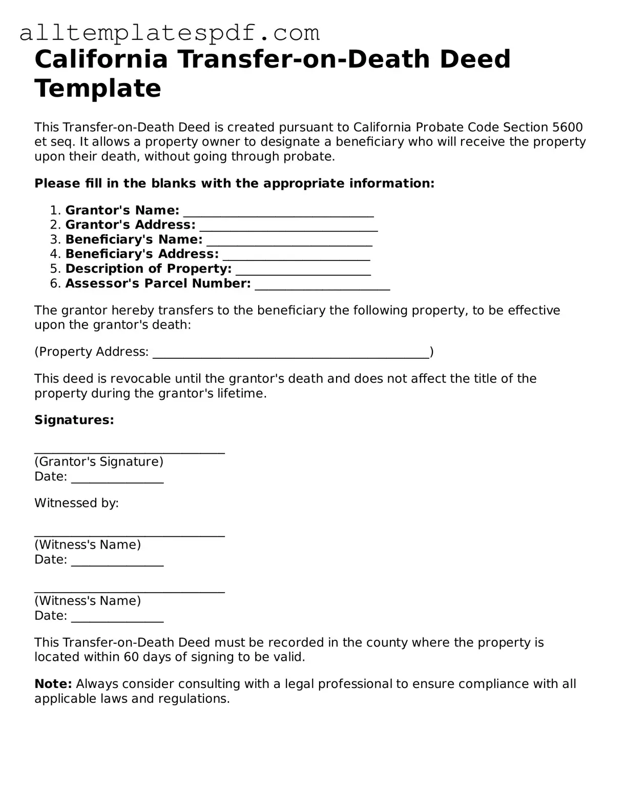 Blank Transfer-on-Death Deed Template for the State of California