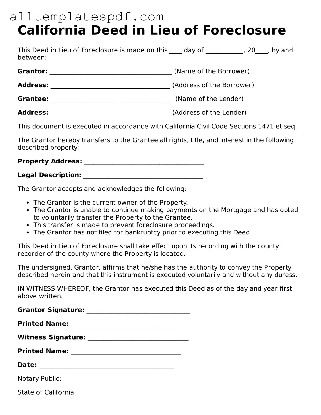 Blank Deed in Lieu of Foreclosure Template for the State of California