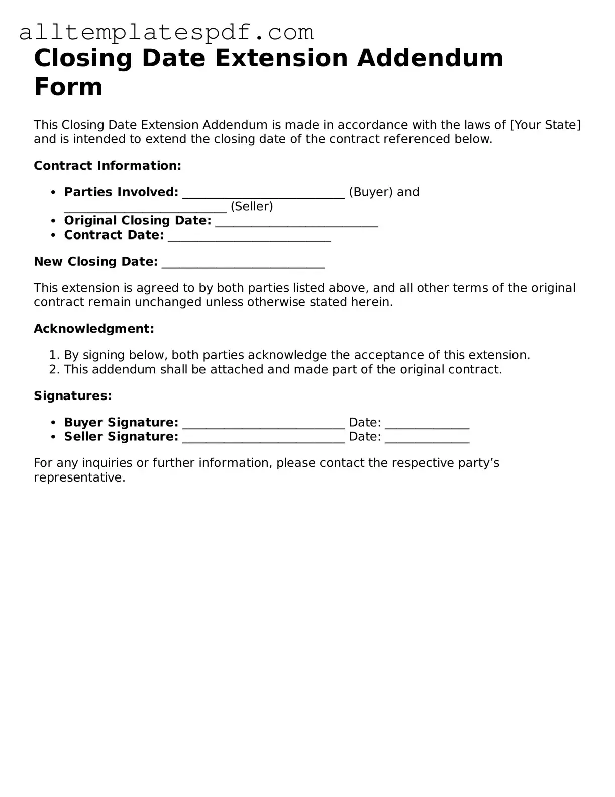 Attorney-Approved Closing Date Extension Addendum Form Template